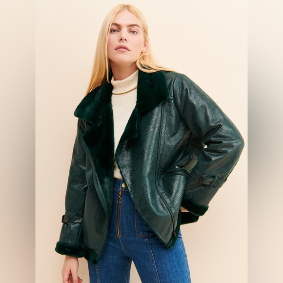 Anthropologie Jackets & Blazers - Anthropologie Hutch Green Faux Fur Moto Jacket sz M